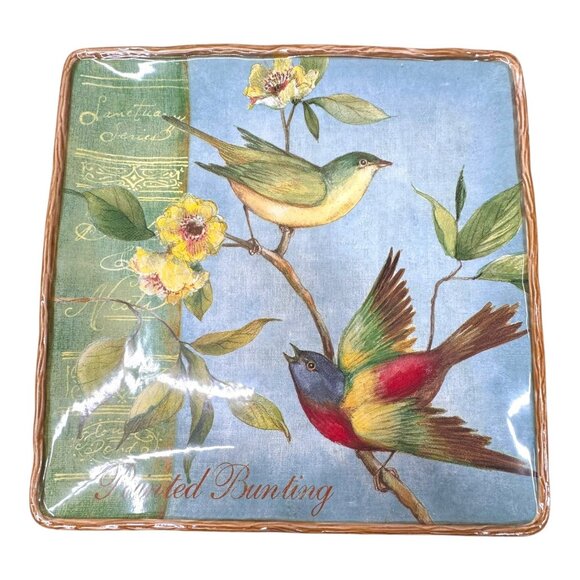 Certified Int Botanical Birds Square 14” platter painted bunting Susan Winget - Picture 1 of 7
